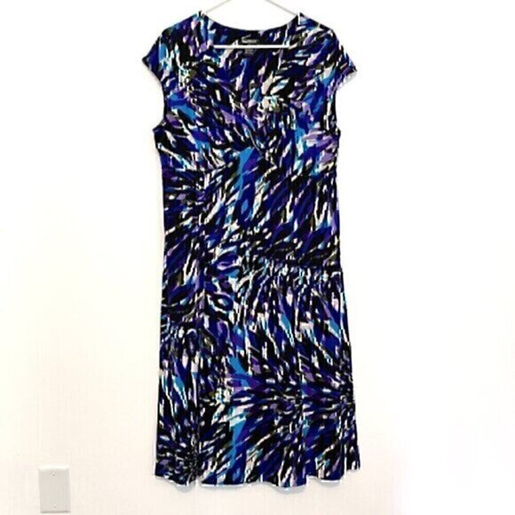 GLAMOUR Plus Size Blue Purple Multi Geometric Surplice Work Midi Fit Flare Dress - Picture 1 of 12